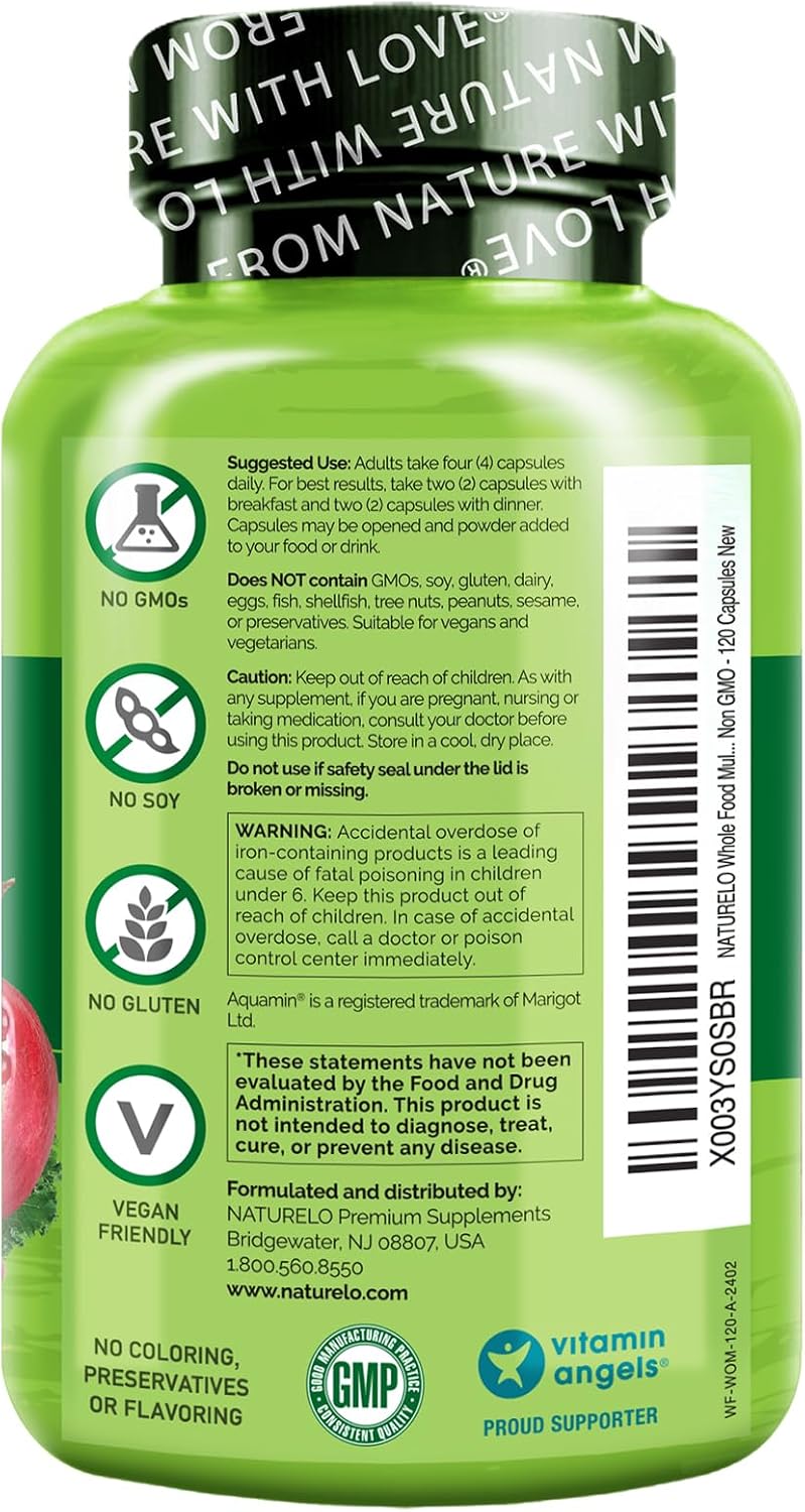 NATURELO Whole Food Multivitamin for Women - with Vitamins, Minerals, & Organic Extracts - Supplement for Energy and Heart Health - Non GMO - 120 Vegan Capsules