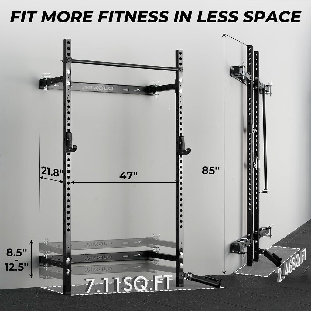Mikolo 2" x 2" Folding Wall Mounted Squat Rack, 1000 Pounds Capacity Power Rack with Pull Up Bar, J Hooks and Other Attachments, Space-Saving Home Gym