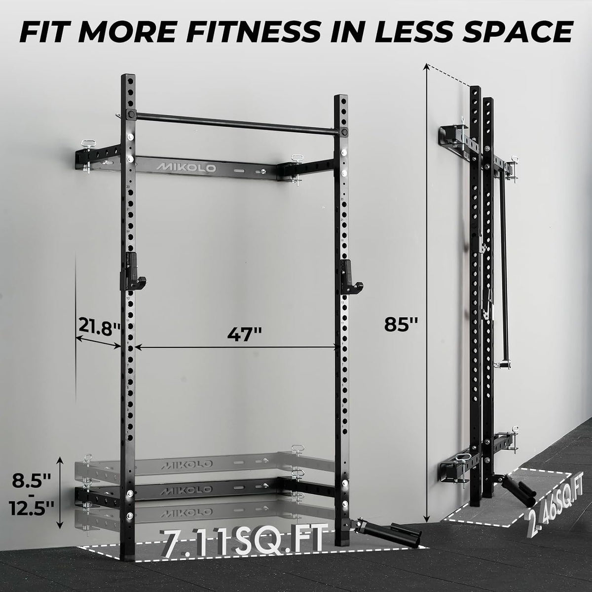 Mikolo 2" x 2" Folding Wall Mounted Squat Rack, 1000 Pounds Capacity Power Rack with Pull Up Bar, J Hooks and Other Attachments, Space-Saving Home Gym