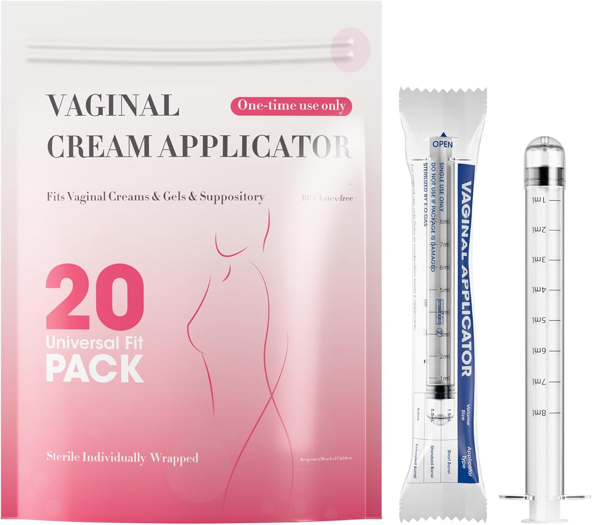 Disposable Vaginal Cream Applicators – 8ml Lube Injector Syringes with Smooth Tip, Dosage Markings, Fits Most Lubricants Creams Gels, Sterilized Individually Wrapped, Pack of 20