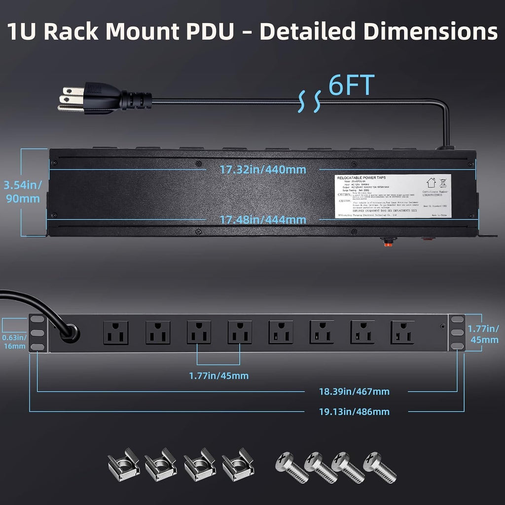 8 Outlet 1U Rack Mount PDU Power Strip 2000J Surge