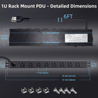 8 Outlet 1U Rack Mount PDU Power Strip 2000J Surge