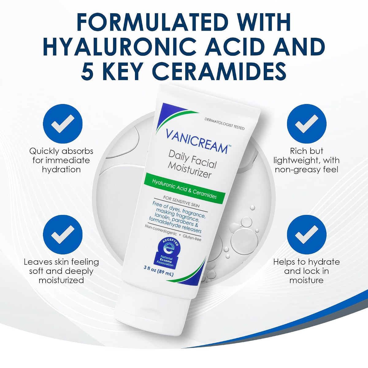 Vanicream Daily Facial Moisturizer, Face Cream with 5 Key Cermides & Hyaluronic Acid, 3 Fl Oz, Formulated Without Common Irritants for Sensitive Skin, Lightweight, Non-Greasy Hydration
