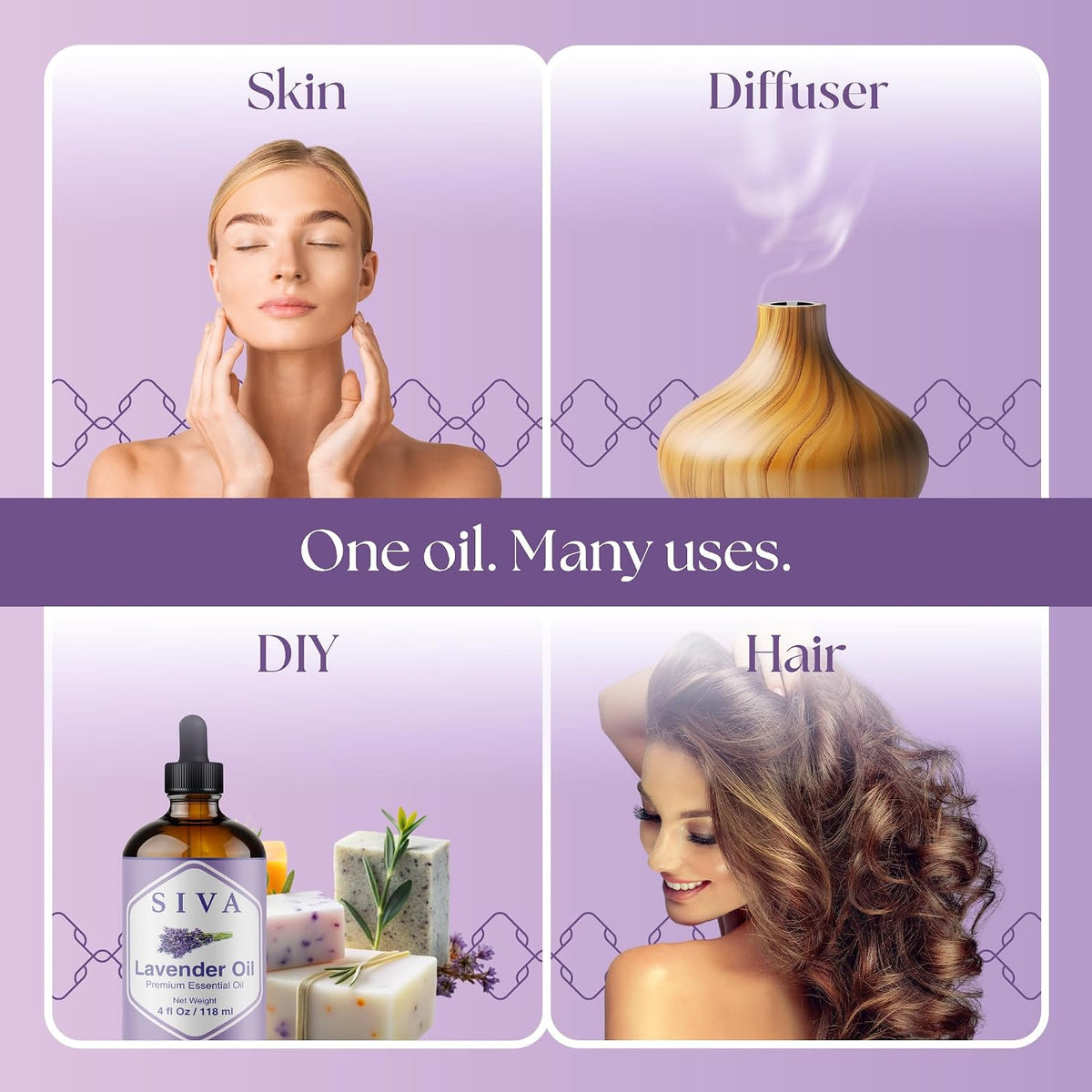 Siva Lavender Essential Oil, Glass Bottle with Dropper, 4 Fl Oz (118 ml) | Lavender Oil for Diffuser, Humidifier, Linen Spray, Skin Care, Hair Care, Body Massage, Soap, Candle, Bath Salt & DIY Blends