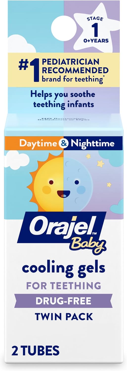 Orajel Baby Daytime & Nighttime Cooling Gels for Teething, Drug - Free, #1 Pediatrician Recommended Brand for Teething*, Two 0.18oz Tubes | Drug-Free, Soothes Teething Infants, Safe for Babies Age 0+, #1 Pediatrician Recommended Brand for Teething
