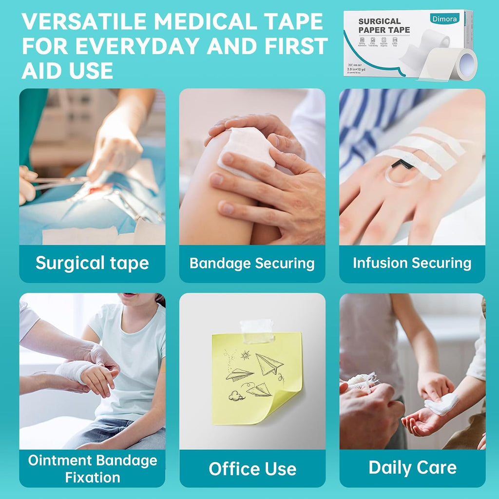 Dimora Paper Medical Tape, White, 8 Rolls, 2 Inch x 10 Yards | Hypoallergenic, For Sensitive Skin, Pain-Free Removal, Easy Tear, Waterproof