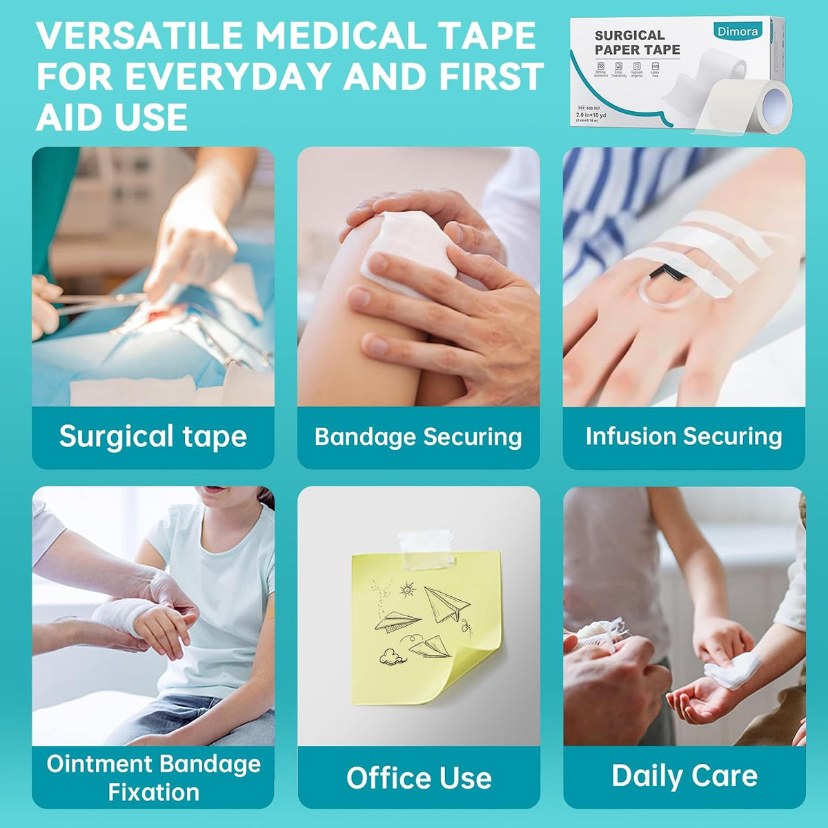 Dimora Paper Medical Tape, White, 8 Rolls, 2 Inch x 10 Yards | Hypoallergenic, For Sensitive Skin, Pain-Free Removal, Easy Tear, Waterproof