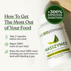 BIOptimizers MassZymes - Complete Digestive Enzymes Supplement for Gut Health - Bloating Relief for Men and Women - Lipase Amylase Bromelain Digestive Enzymes (30 Capsules)
