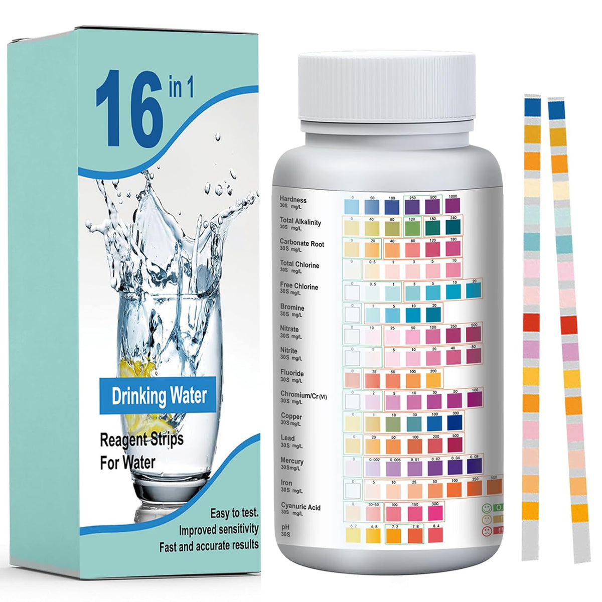 150 Pieces 16 in 1 Water Test Strips, Pool and SPAs Water Test and Drinking Water, Water Test Strips Kit with 16 Parameters, Total Hardness Analysis, pH Test, Alkalinity