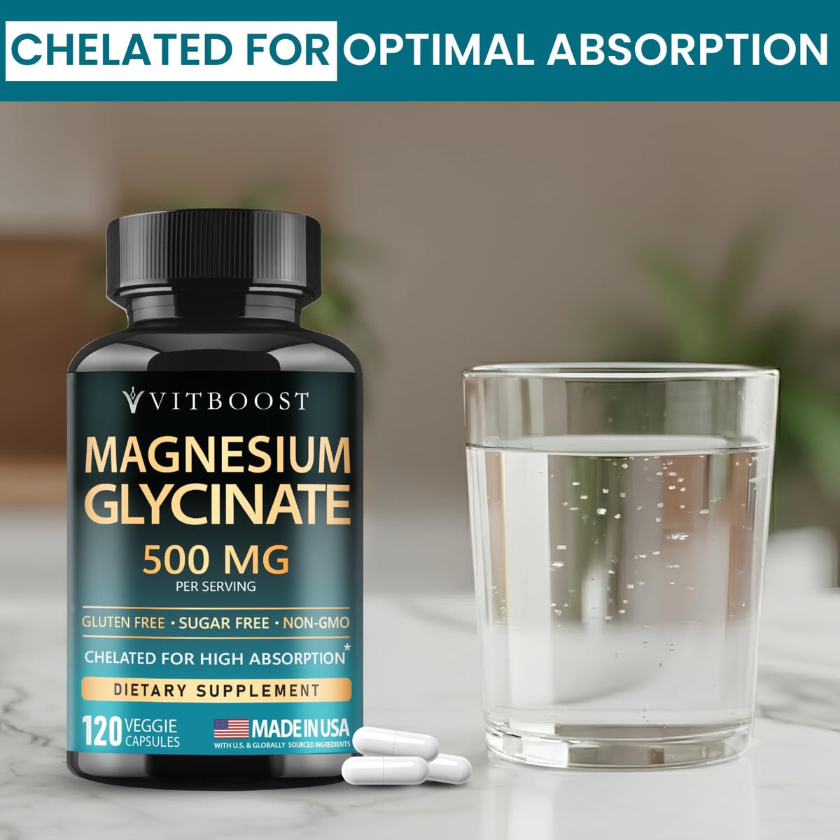 VITBOOST Magnesium Glycinate 500mg - Support Sleep 120 Veggie Capsules | Stress Support High Absorption Chelated Supplement - Non-GMO, 3rd Party Tested - Made in USA