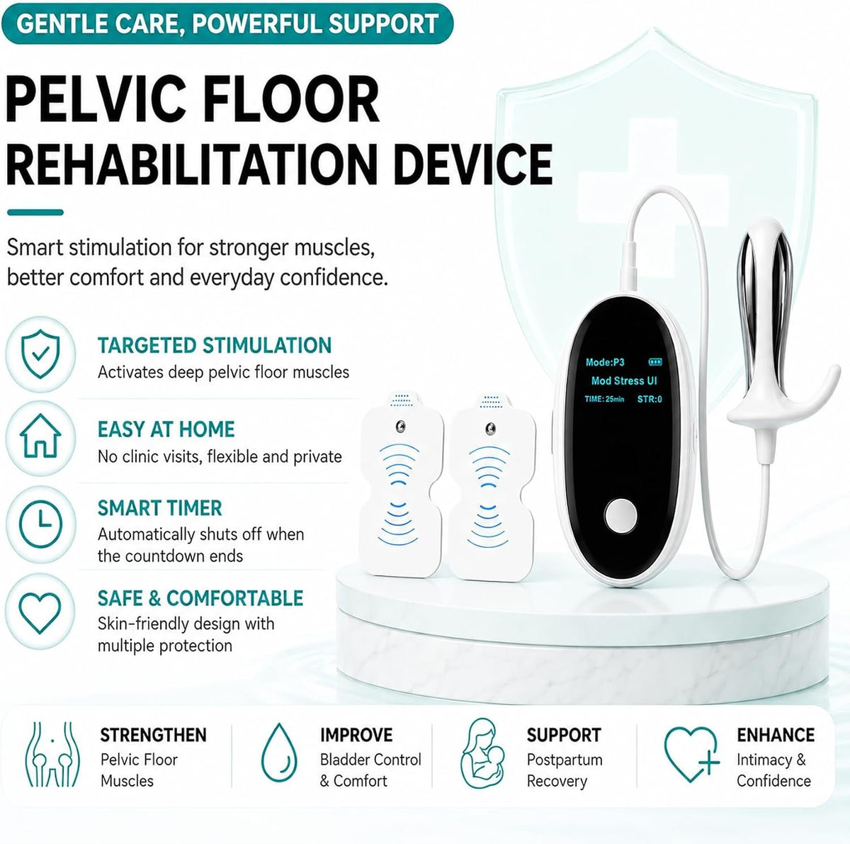 FDA Cleared Pelvic Floor Muscle Trainer for Women with Probe and Pads, Kegel Exerciser for Bladder Control with 10 Programs and Adjustable Intensity, Rechargeable, with Display Screen