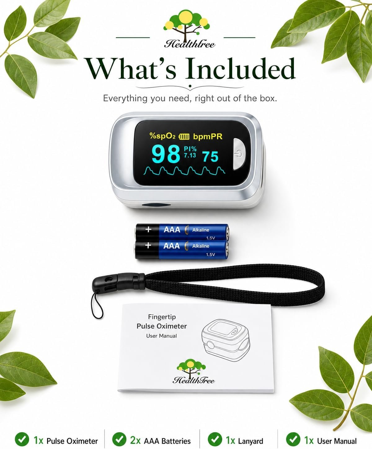 Fingertip Pulse Oximeter Blood Oxygen Saturation Monitor Pulse Ox, Heart Rate and Fast Spo2 Reading Oxygen Meter with OLED Screen Included Lanyard and 2 X AAA Batteries