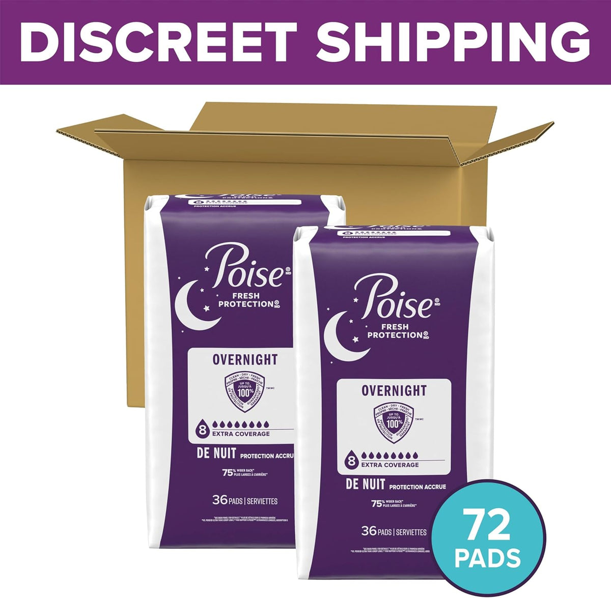 Poise Overnight Incontinence & Postpartum Pads for Bladder Leaks, 8 Drop Extra Coverage, 72 Count (2 Packs of 36), Packaging May Vary