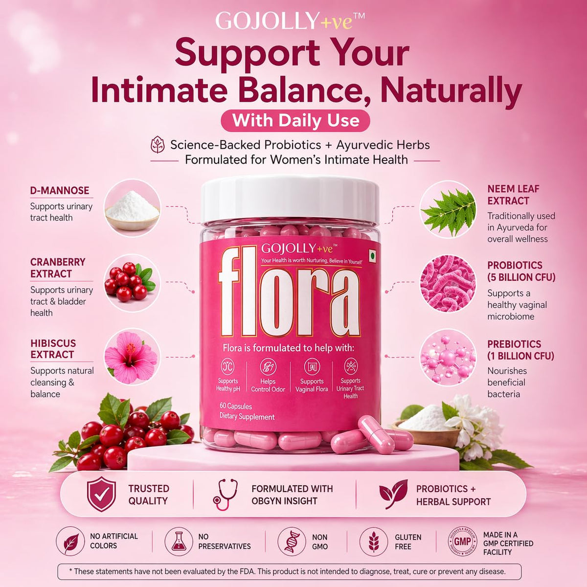 Flora Vaginal Probiotics For Women UTI infections - Intimate discomfort - Vaginal Odor - Vaginal Flora- vaginal health - With Prebiotics Lactobacillus Cranberry Neem & Hibiscus Extracts 60 Capsules