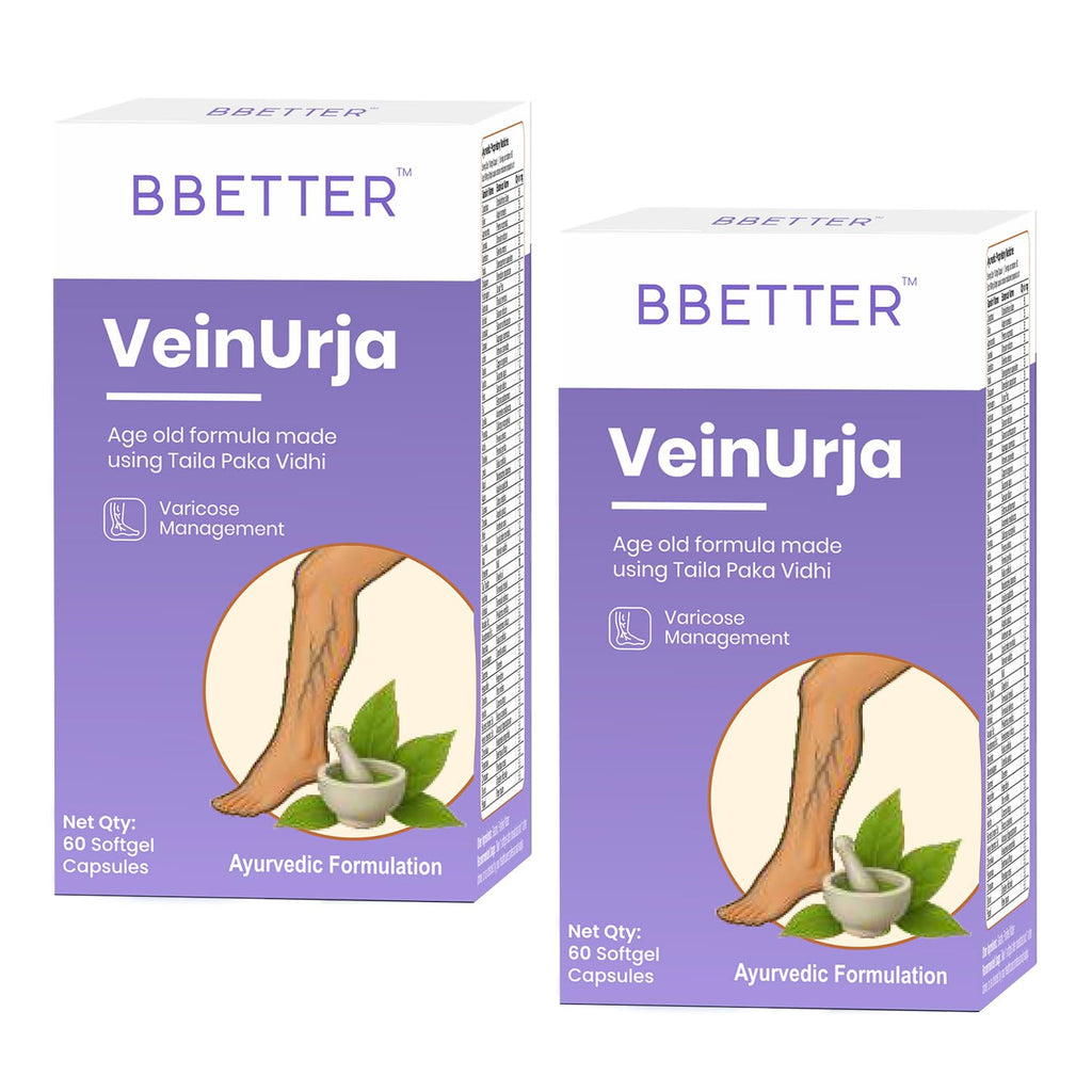 BBETTER VeinUrja Varicose Vein Support | Ayurvedic Supplement for Leg Swelling, Heaviness & Pain Relief | Natural Circulation & Vein Health Formula | 120 Softgels
