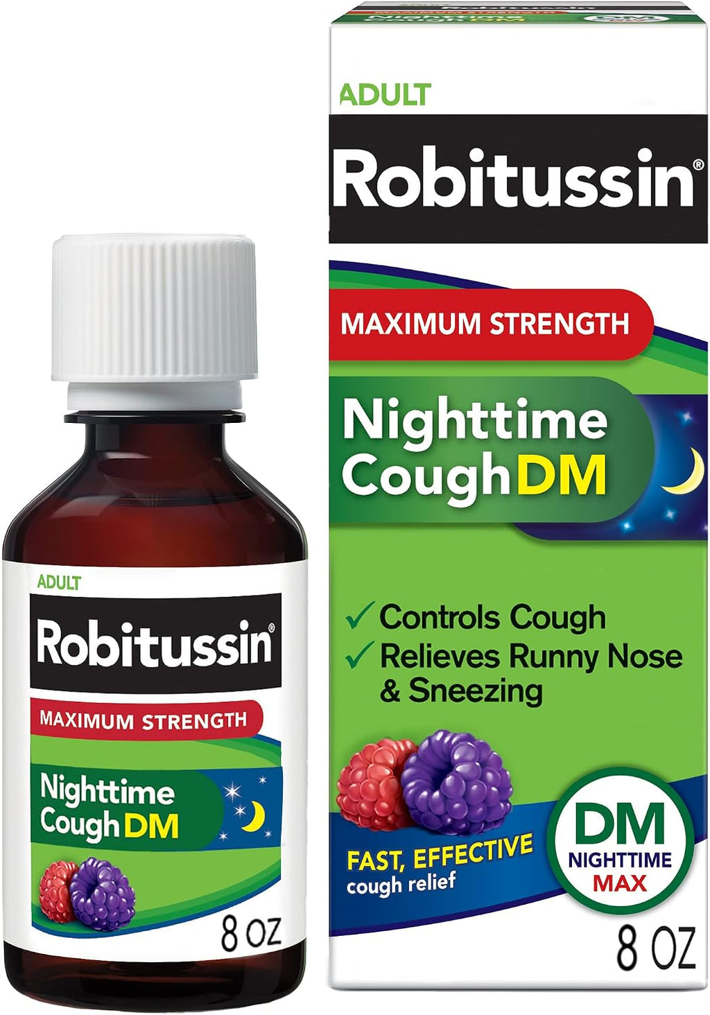 Robitussin Maximum Strength Nighttime Cough DM, Cough Medicine for Adults, Berry Flavor - 8 Fl Oz