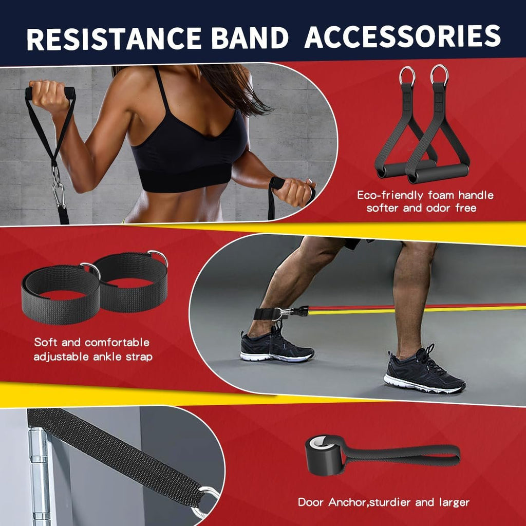 WHATAFIT Resistance Bands with Handles, 5-Level Exercise Bands for Workout | Natural latex,10-50 lbs, stackable to 150,Ankle Straps, Door Anchor,Guide. For Strength, Yoga,Home Gym,Travel & Workout.