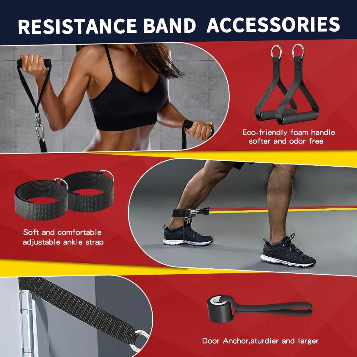 WHATAFIT Resistance Bands with Handles, 5-Level Exercise Bands for Workout | Natural latex,10-50 lbs, stackable to 150,Ankle Straps, Door Anchor,Guide. For Strength, Yoga,Home Gym,Travel & Workout.