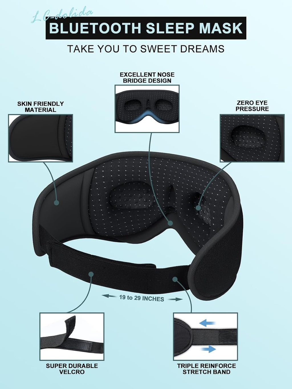 LC-dolida Sleep Headphones, 3D Sleep Mask Bluetooth Wireless Music Eye Mask, Sleeping Headphones for Side Sleepers Sleep Mask with Bluetooth Headphones Ultra-Thin Stereo Speakers Perfect for Sleeping
