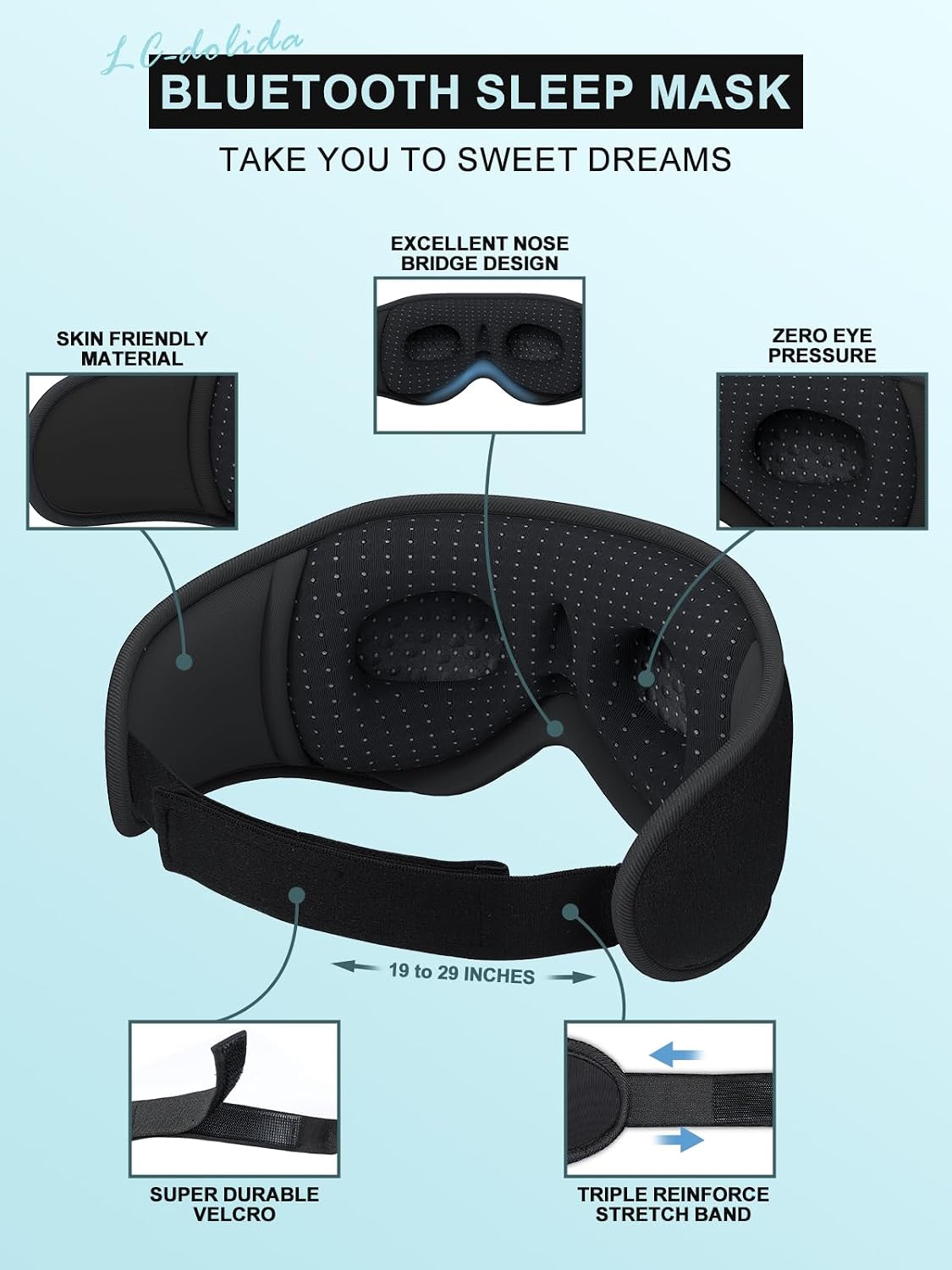 LC-dolida Sleep Headphones, 3D Sleep Mask Bluetooth Wireless Music Eye Mask, Sleeping Headphones for Side Sleepers Sleep Mask with Bluetooth Headphones Ultra-Thin Stereo Speakers Perfect for Sleeping