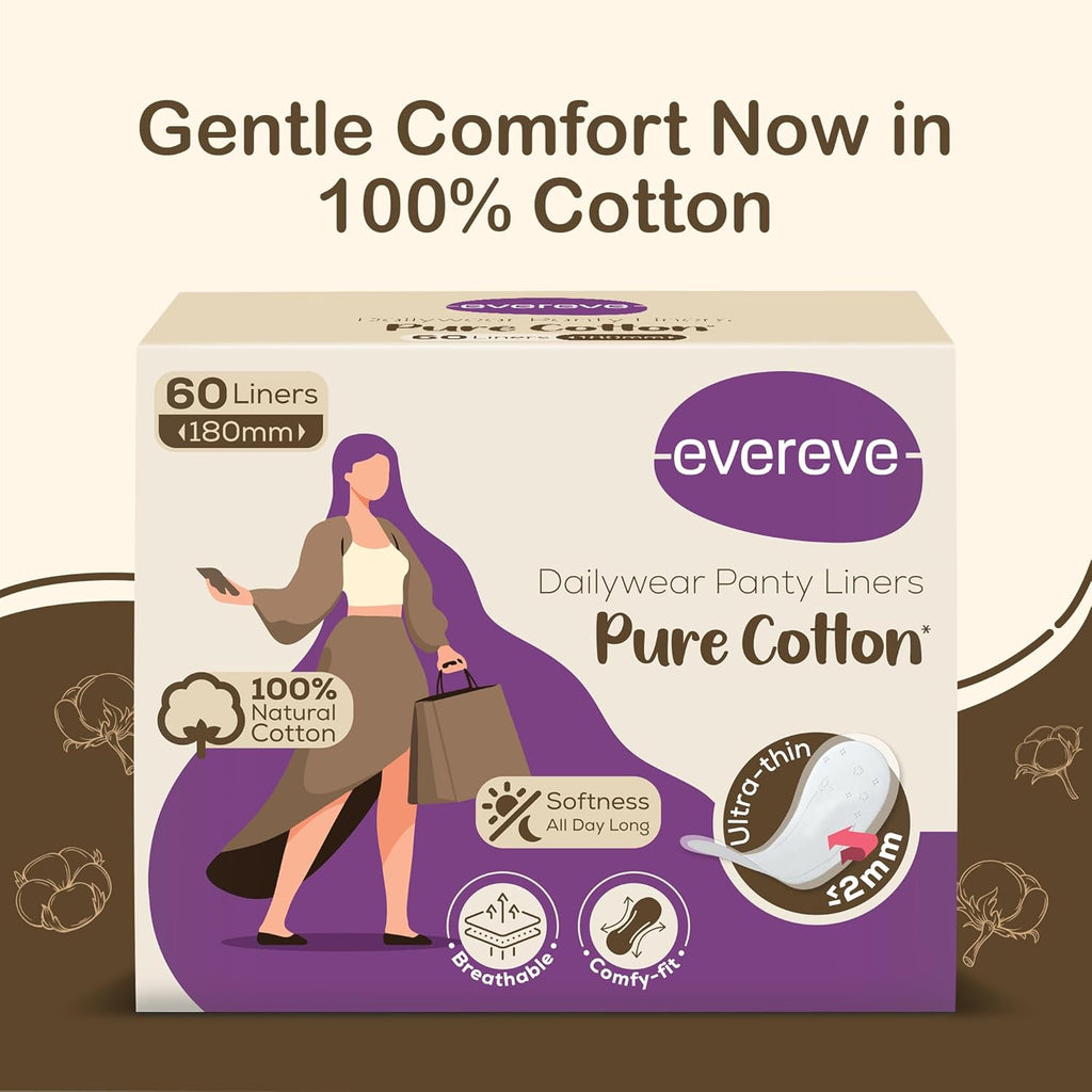 Evereve Pure Cotton Panty Liners for Women, 180mm, Pack of 60, Ultra-Soft, Breathable & Rash-Free, Ideal for Daily Discharge, Spotting & Everyday Freshness, All Day Comfort for Non-Period Days