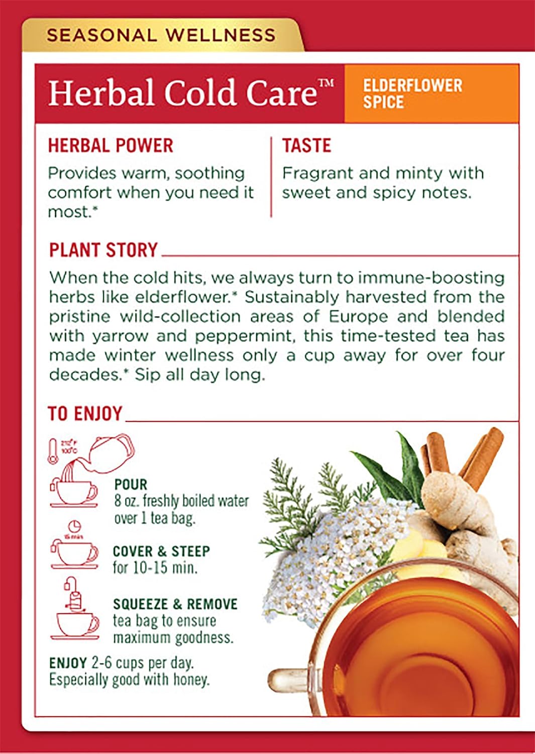 Traditional Medicinals Organic Herbal Cold Care Elderflower Spice Herbal Tea, Warm & Comforting Seasonal Wellness, 48 Tea Bags Total (Pack of 3)