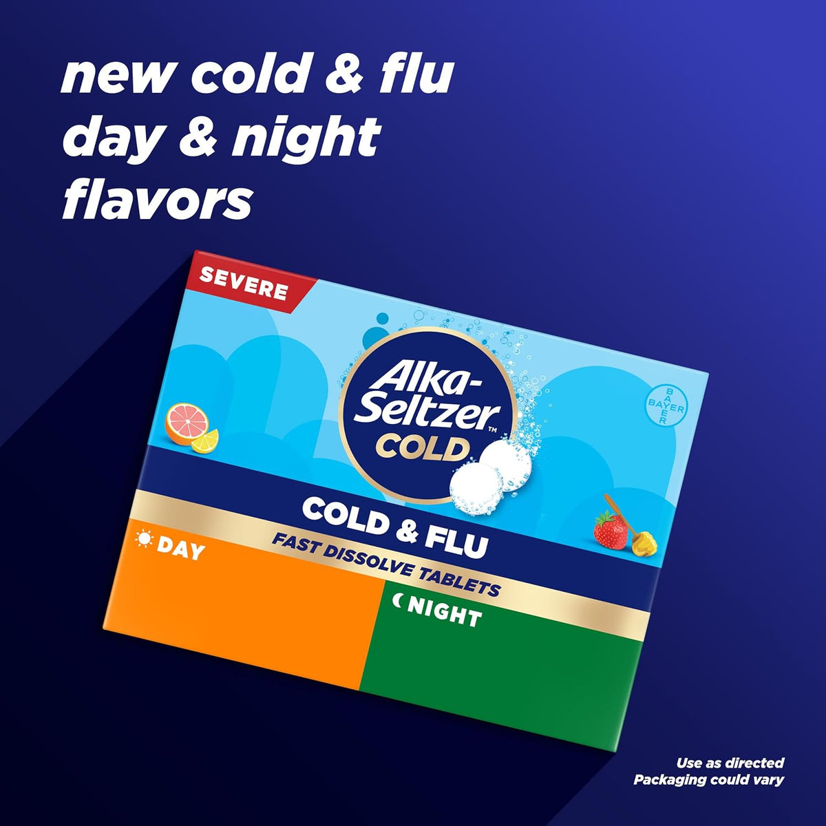Alka-Seltzer Cold, Cold & Flu Severe Day/Night Fast Dissolve Tablets, Cold & Flu Medicine, Multi-Symptom Relief, Body Aches and Pains, Fever Reducer, Citrus/Strawberry Honey Flavor, 24 Count