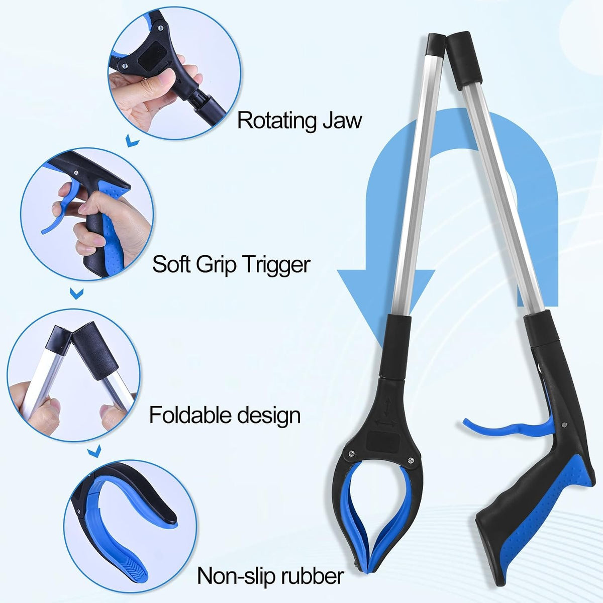 Foldable Grabber Reacher Tool 32 Inch, 6-Pack Heavy Duty Trash Picker Upper | 360° Rotating Jaw with Magnetic Tip, Lightweight Arm Extension for Seniors, Post-Surgery Recovery, Commercial Cleanup