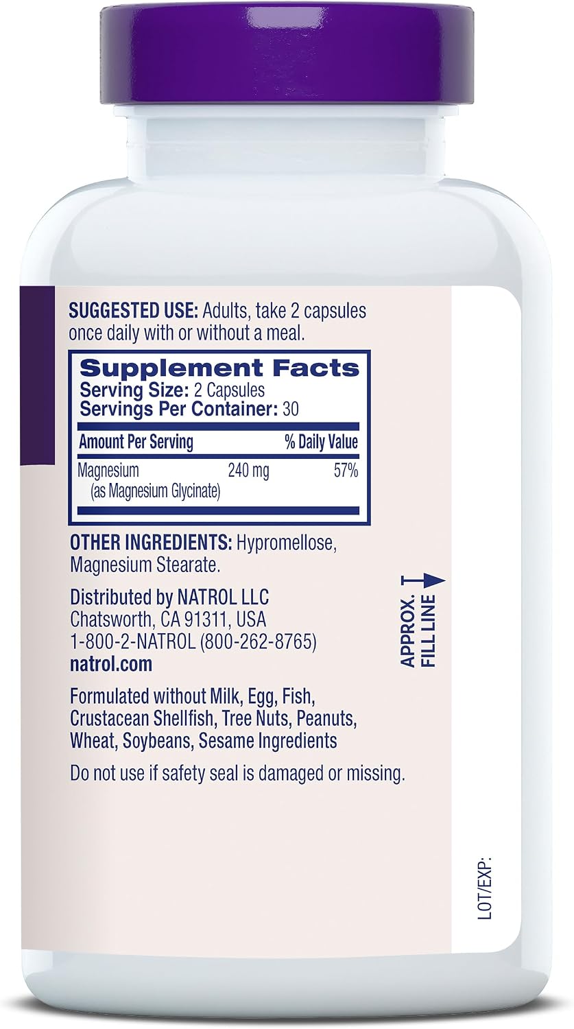 Natrol High Absorption Magnesium Glycinate 240 mg, 60 Capsules | Supports Healthy Sleep & Body, Gentle on Stomach, Supports Muscle Relaxation, Heart, Bone, Nerve & Brain Health