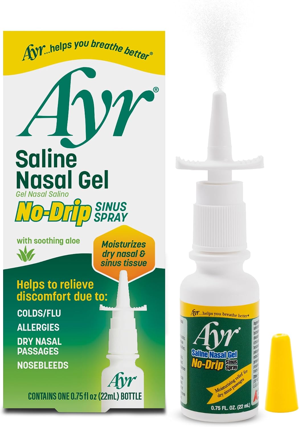 Ayr Saline Nasal Gel No-drip Sinus Spray With Soothing Aloe Vera, 0.75 Fl Oz Spray Bottle, (Pack of 1)