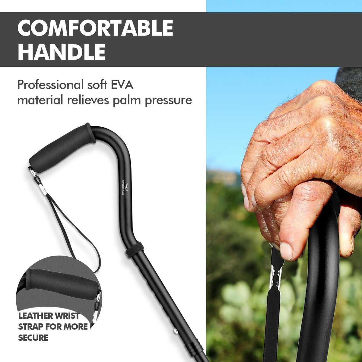 Self Standing Walking Cane Quad Base for Seniors | Lightweight aluminum, foldable design, 31–36 in adjustable height, EVA offset handle, self-standing quad base