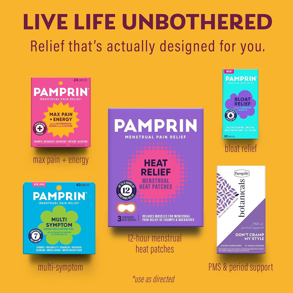 Pamprin Maximum Strength Max Pain and Energy Formula, Menstrual Period Symptoms Relief for Cramps, Bloating and Fatigue, 24 Caplets