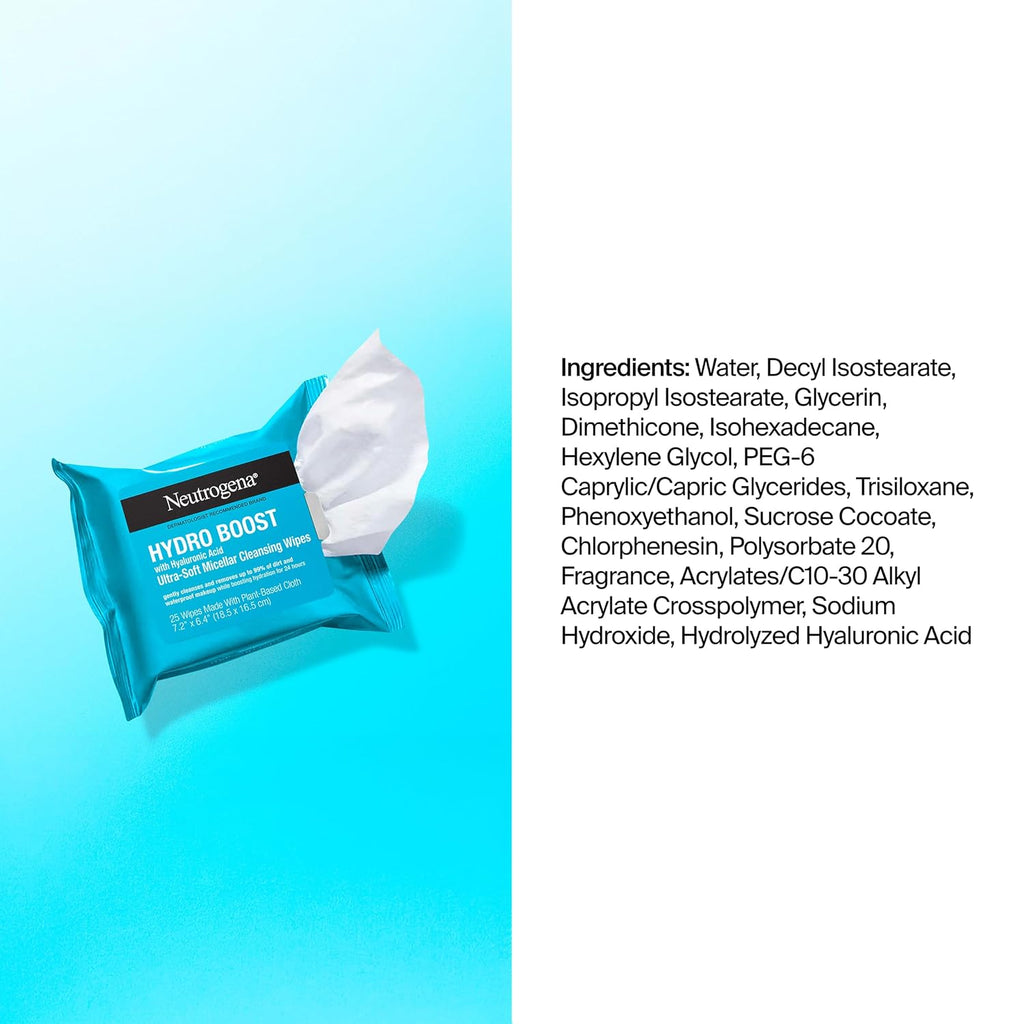 Neutrogena Hydro Boost Cleansing Wipes Makeup Remover, 25 Ct | Micellar Cleansing Cloths, Gently Removes Oil, Dirt, Waterproof Makeup, Hydrating Hyaluronic Acid