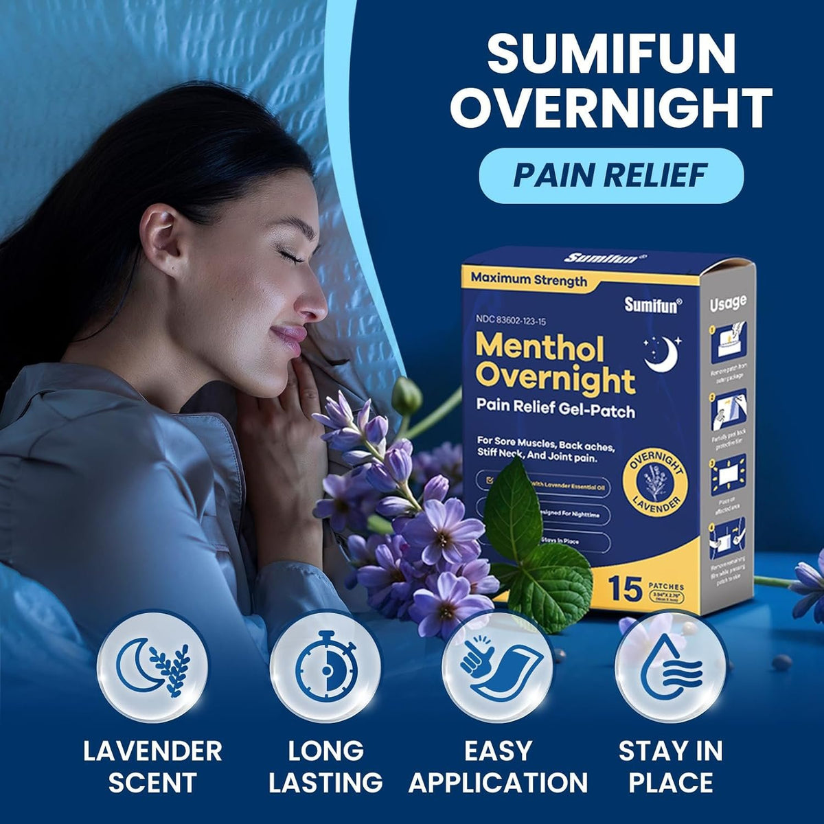 Sumifun Overnight Pain Relief Patches - Cold Hot Pain Patch with Lavender Scent - Menthol Pain Reliver for Knee & Lower Back Pain Relief Sore Muscle Relief (15 Counts(Pack of 1), Lavender)