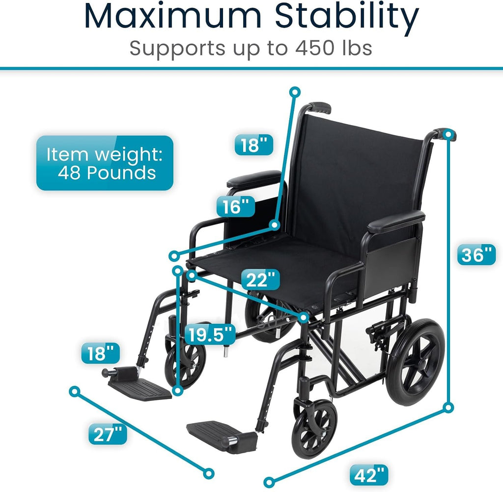 Vive Mobility Bariatric Transport Wheelchair for Adults - Supports 450lbs | Foldable, Heavy Duty Travel Wheel Chair - Portable, Transfer Aid with Swing Away Footrests & 22 Inch Wide Seat