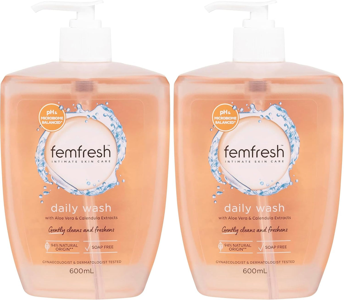 Femfresh Daily Intimate Wash 600ml - pH & Microbiome Balanced, With Aloe Vera & Calendula Extracts, 94% Natural Origin Ingredients, Hypoallergenic & Soap-Free, Gentle Feminine Wash for Freshness