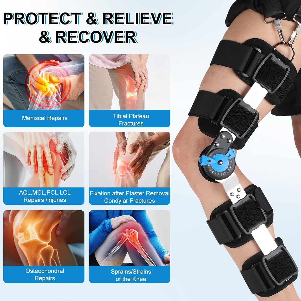 Hinged ROM Knee Brace with Adjustable Locking Dial & Side Stabilizers - Post Op Knee Support for ACL, PCL, MCL Injury, Meniscus Tear Recovery - Universal Fit Stabilizer for Men & Women, Left or Right Leg