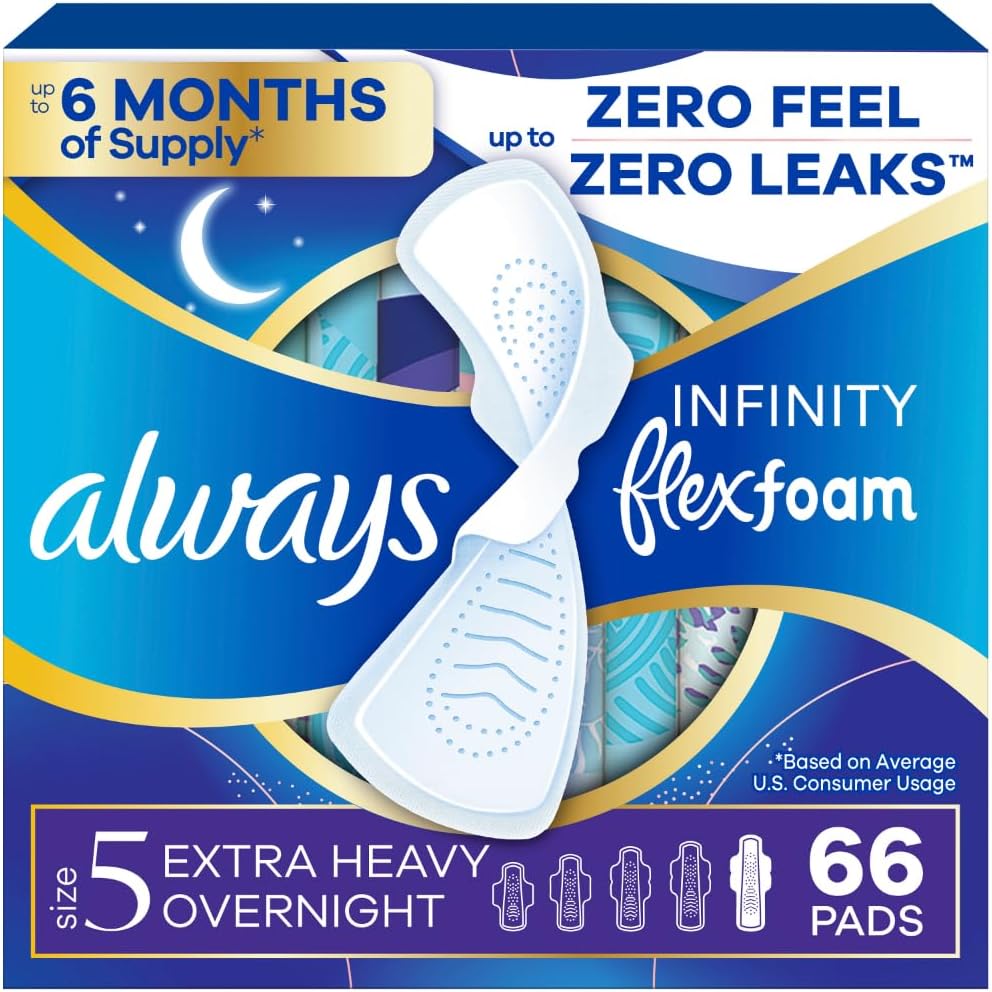 Always Infinity Feminine Pads with Wings for Women, Size 5, Extra Heavy Overnight, Unscented, 22 Count - Pack of 3 (66 Count Total)