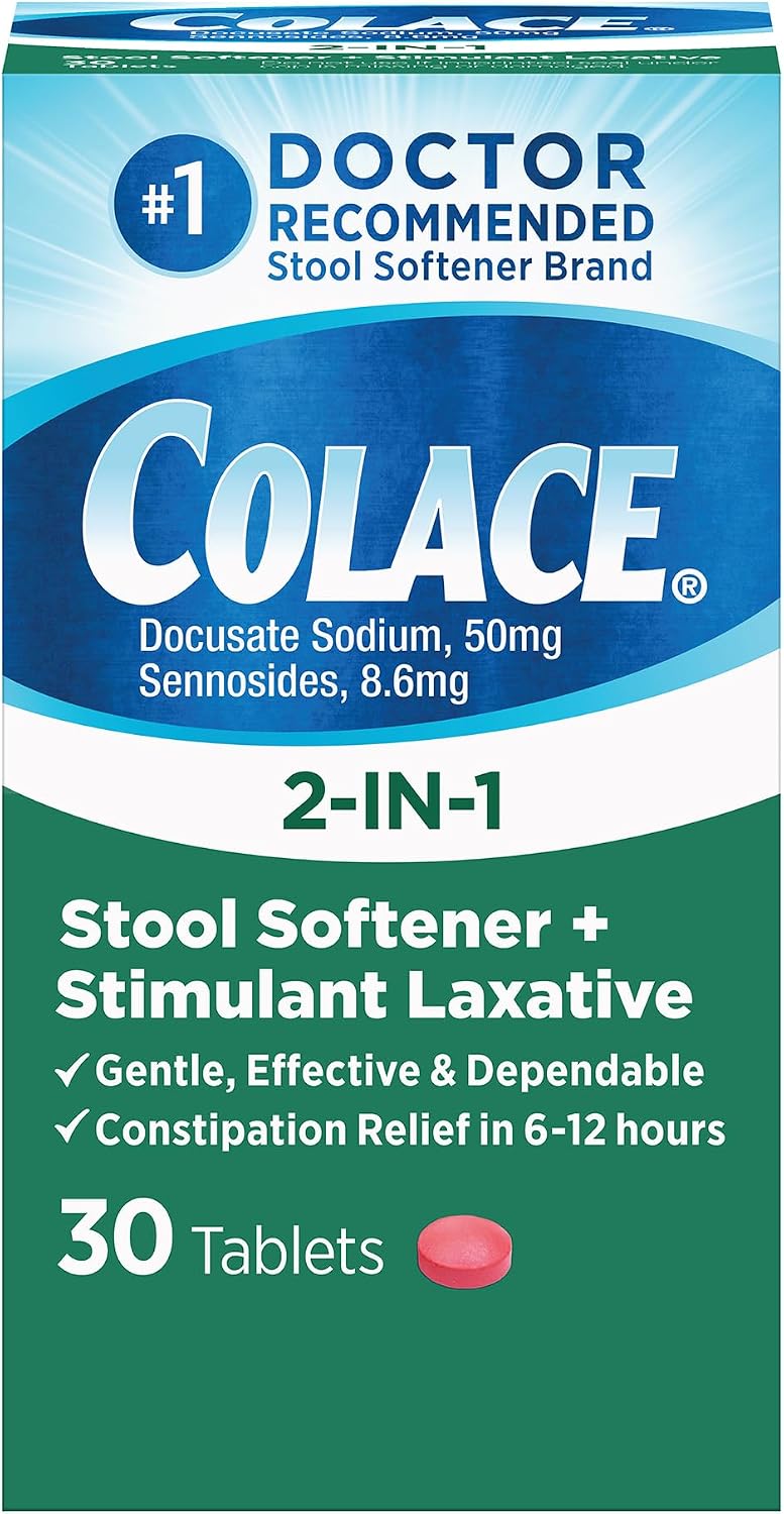 Colace 2-in-1 Stool Softener Plus Stimulant Laxative Tablets, 30 Count