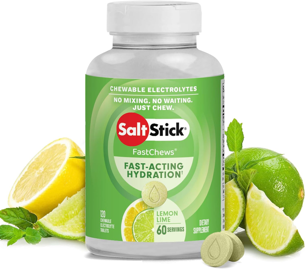 SaltStick Electrolyte FastChews Lemon Lime - 120 Chewable Tablets | Chewable electrolyte tablets that start working in 45 seconds. No mixing or waiting—just chew for hydration on the go.