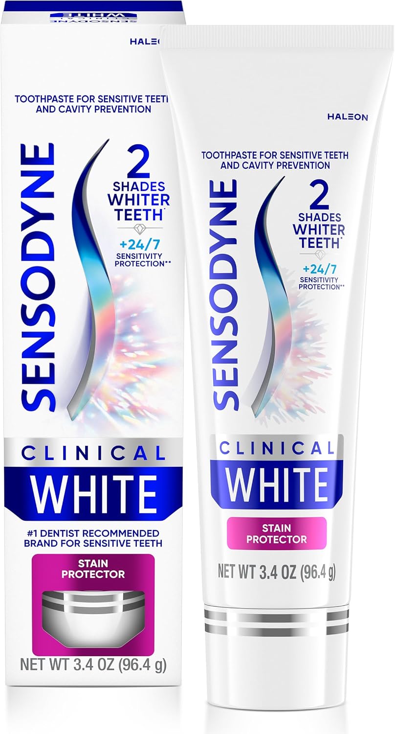 Sensodyne Clinical White Stain Protector Toothpaste, 3.4 oz | Clinically Proven Whitening for Sensitive Teeth, Stain Protector, 2 Shades Whiter Teeth