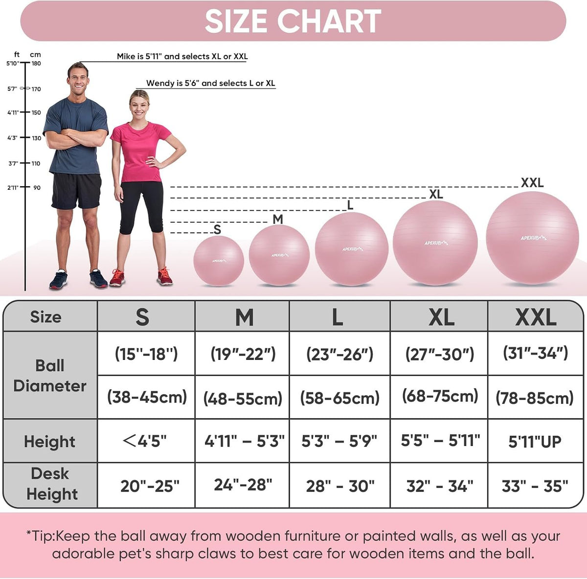 APEXUP Yoga Ball, 660 lbs Anti-Burst Exercise Ball with Pump, 5 Sizes