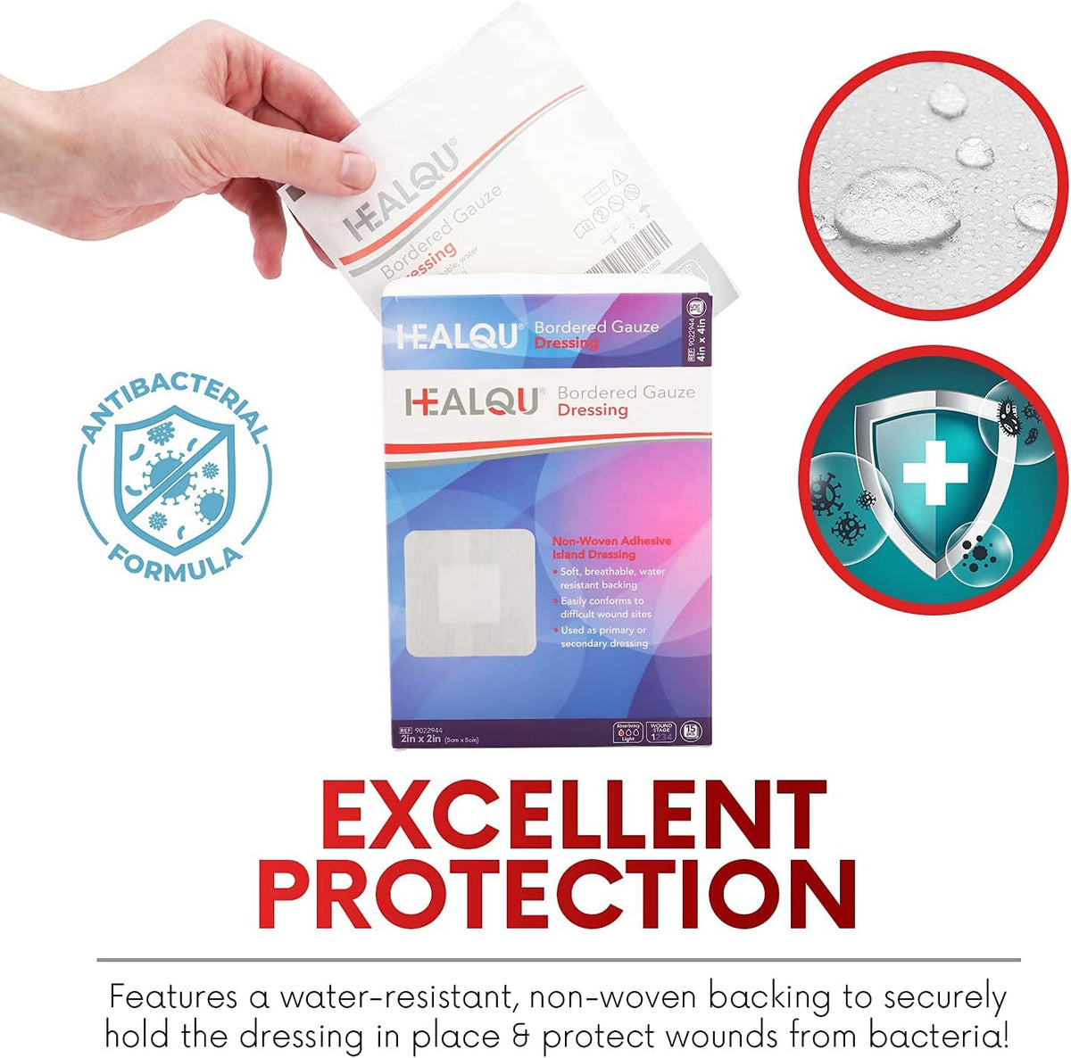HEALQU Bordered Gauze Island Dressing - 50 Count, 2" x 2" Sterile Individually Wrapped Gauze Pads with Water-Resistant, Non-Woven Backing - Soft and Breathable Wound Dressing for First Aid and Medical