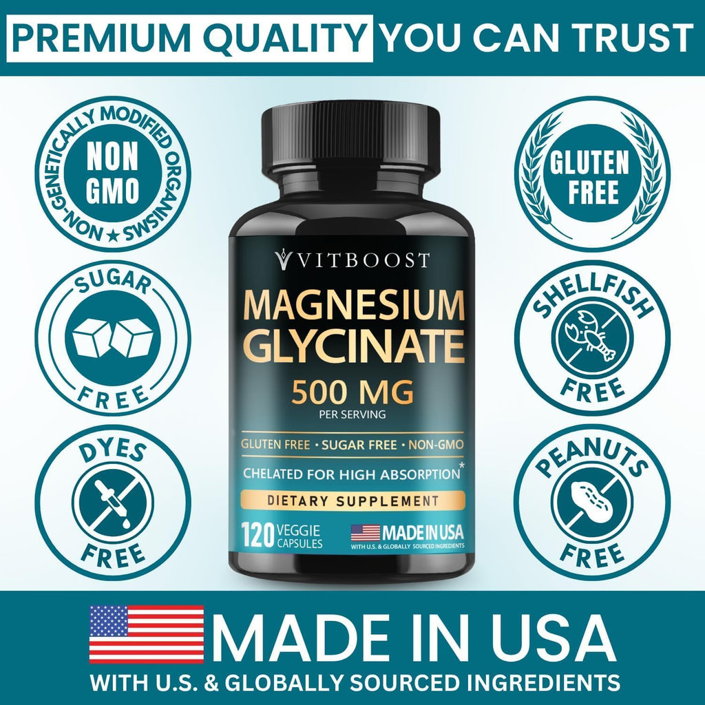 VITBOOST Magnesium Glycinate 500mg - Support Sleep 120 Veggie Capsules | Stress Support High Absorption Chelated Supplement - Non-GMO, 3rd Party Tested - Made in USA