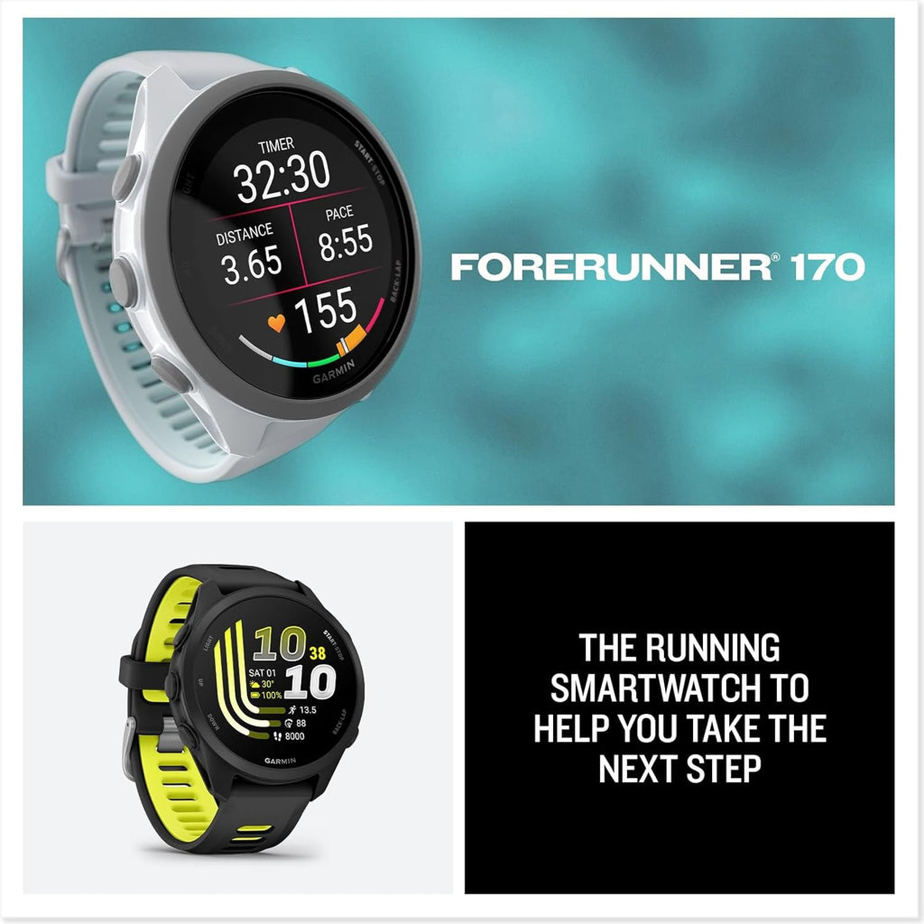 Garmin Forerunner® 170, GPS Running Smartwatch, Advanced Training Metrics and Recovery Insights, Black with Black/Amp Yellow Band