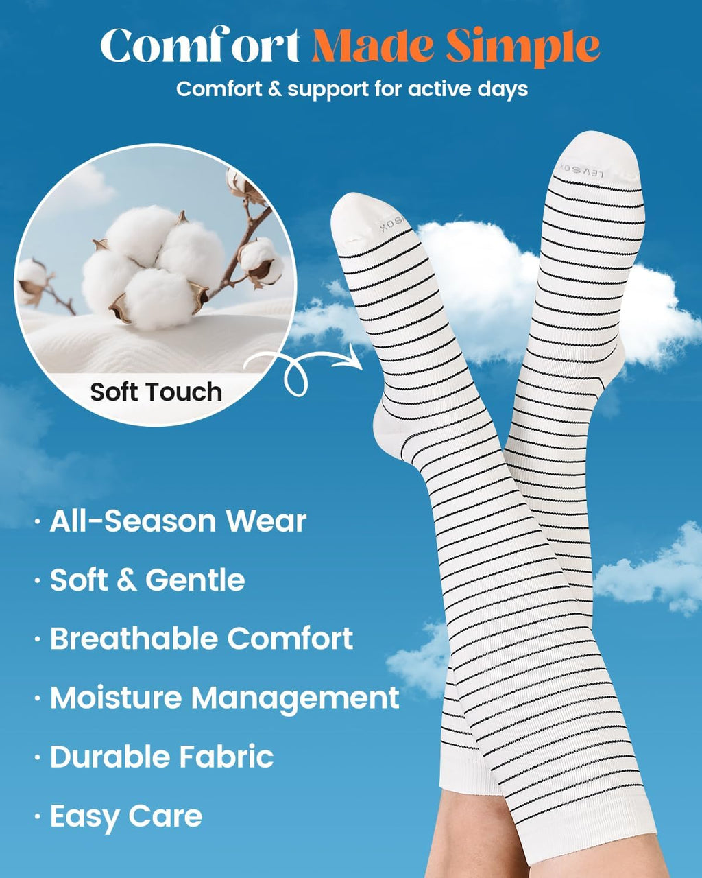 LEVSOX Cotton Compression Socks for Women Men 20-30 mmHg Knee High Cute Support Sock for Nurses Flying Pregnancy