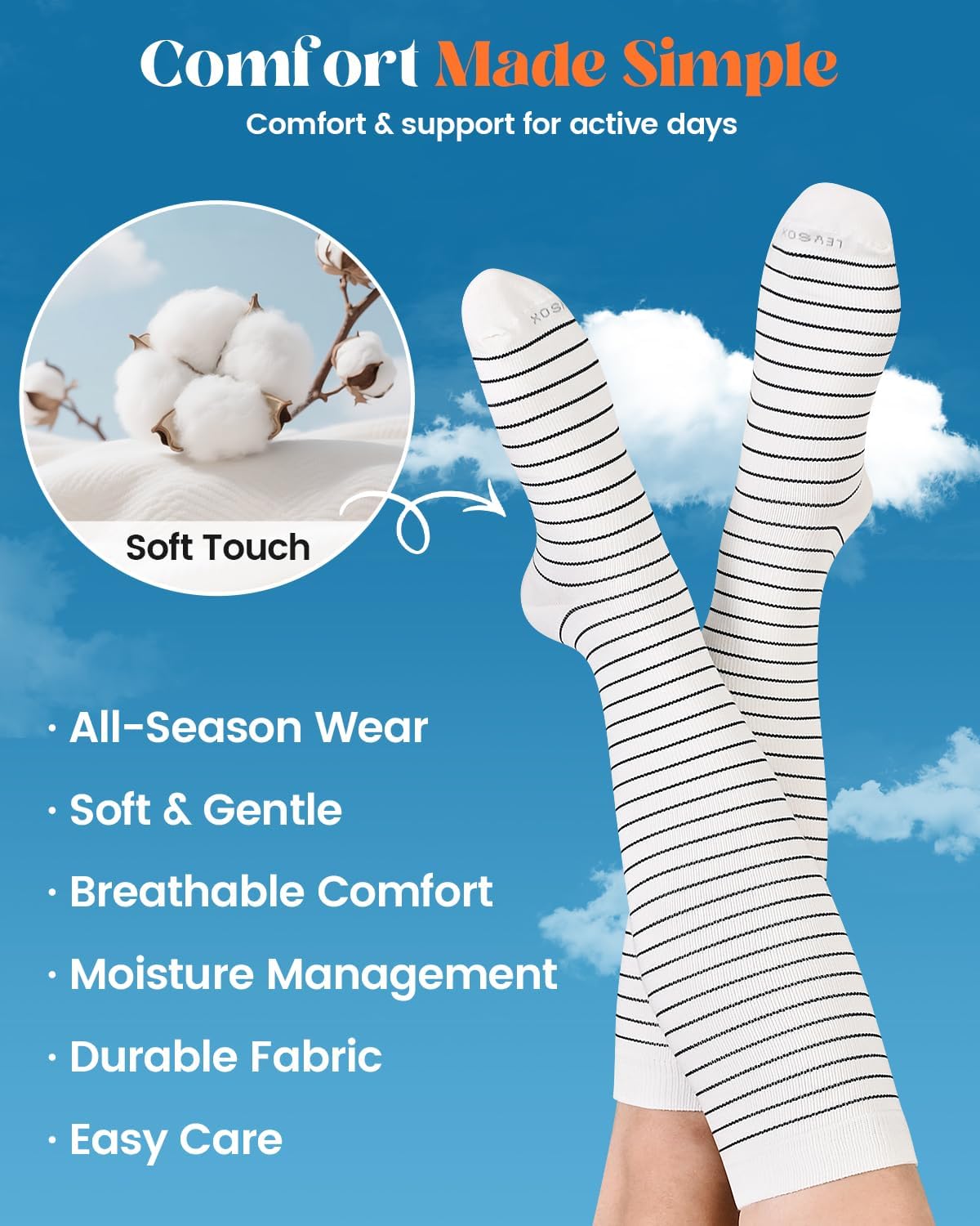 LEVSOX Cotton Compression Socks for Women Men 20-30 mmHg Knee High Cute Support Sock for Nurses Flying Pregnancy