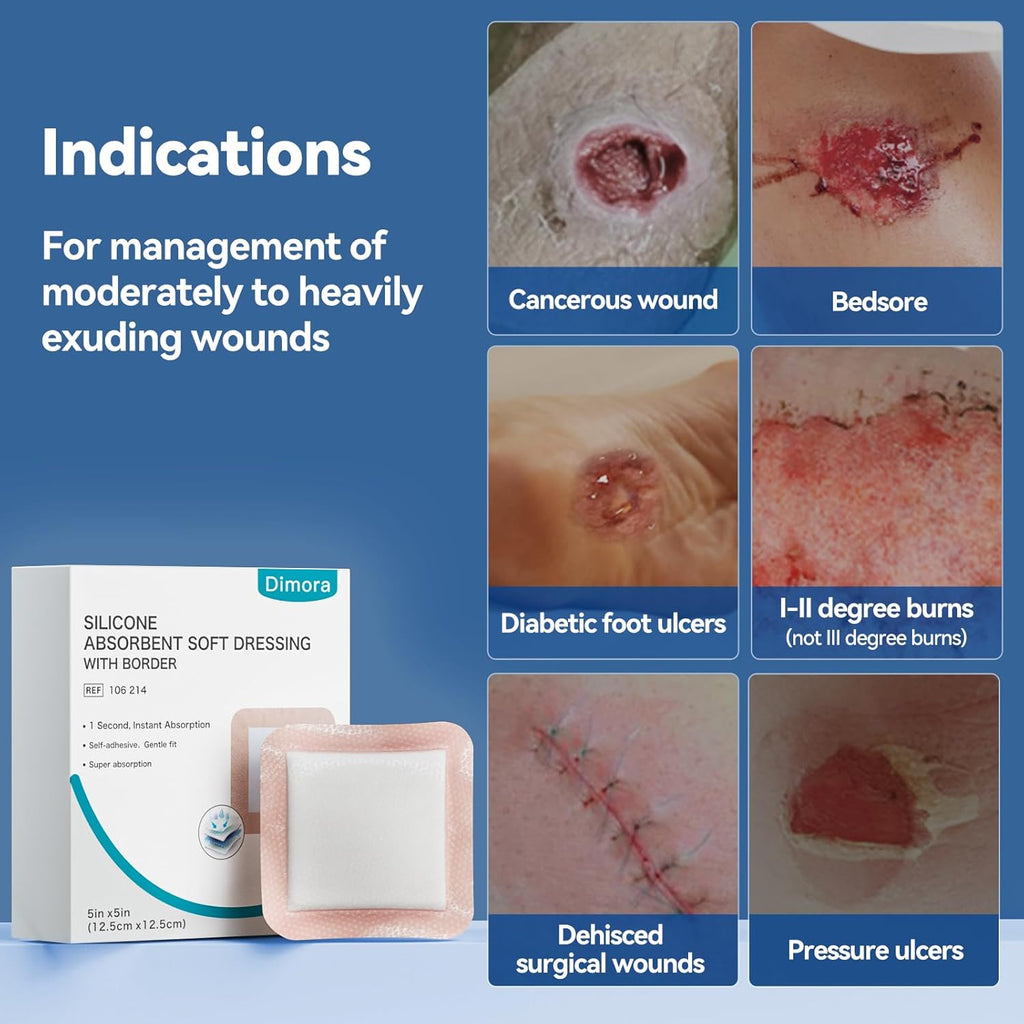 Dimora 20 Count Silicone Super Absorbent Wound Dressing - Gentle Border 5" x 5" Adhesive Bandages for Diabetic Foot Ulcers, Heavy Exudate Wound Care Pads with Ultrasorb Polymer