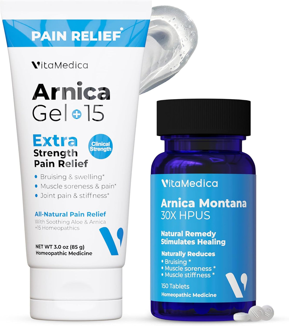 VitaMedica Arnica Tablets & Gel Bundle - 150 Tablets + 3 oz Gel | Support for Bruising, Swelling & Soreness, Rapid-Dissolve 30X Tablets + Water-Based Topical Gel, Plant-Based