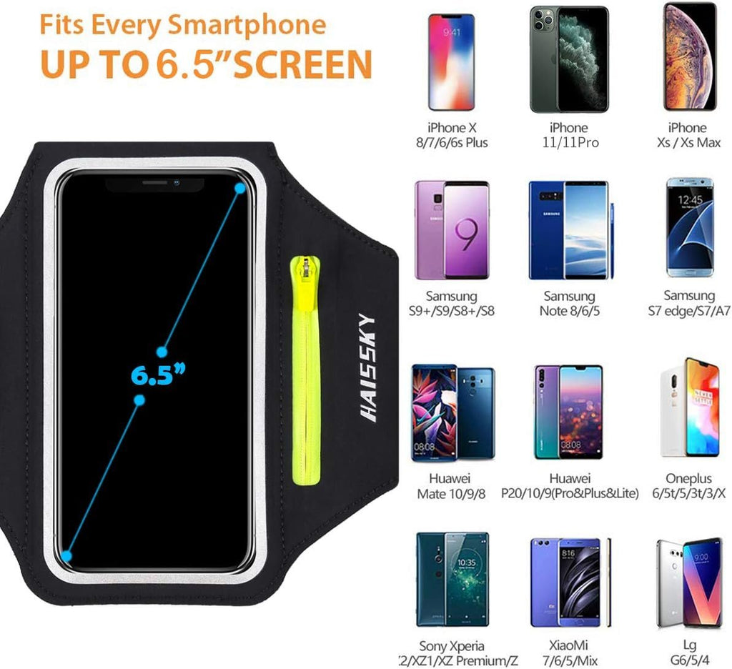 Running Armband with Earphone Bag Cell Phone Armband for iPhone 17 16 15 Pro 14 Plus 13 11 XR, Galaxy S24/S10 Water Resistant Sports Phone Holder Case & Zipper Slot Car Key Holder for 6.9 inch Phone